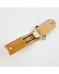 Metal two-prong corkscrew in its vegetable-tanned camel leather case