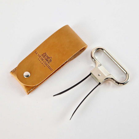 Metal twin-blade corkscrew in its orange vegetable-tanned leather case