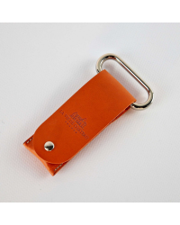 Metal two-prong corkscrew in its orange vegetable-tanned leather case