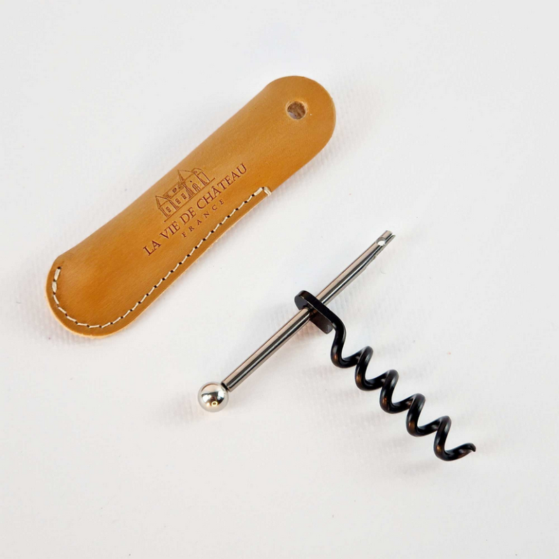 Emergency corkscrew "Jan" in its camel vegetable-tanned leather case