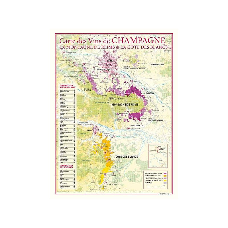 Carte des Vins "Champagne : La Montagne de Reims et la Côte des Blancs" 30x40 cm | Benoît France