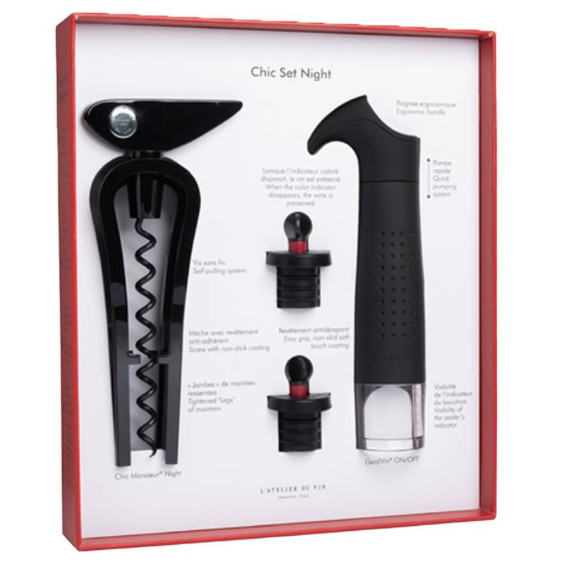 Chic Set Night Box: Chic Monsieur® Night Corkscrew & Gard’Vin® ON/OFF Wine Vacuum Pump | L'Atelier du Vin