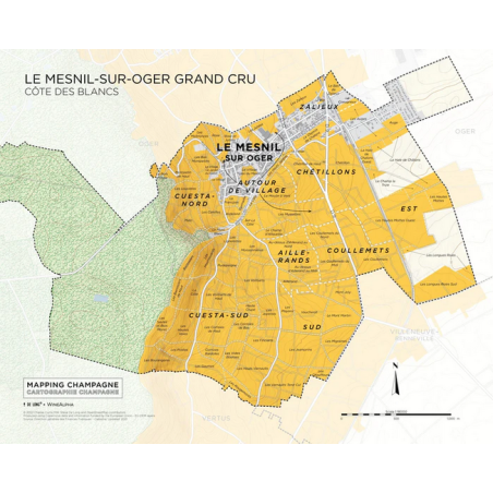 Carte du vignoble "Le Mesnil-sur-Oger Grand Cru" de la Côte des Blancs en Champagne 39x31 cm| Steve De Long