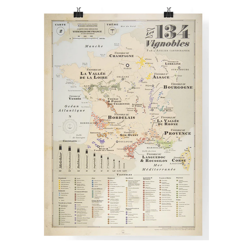 Carte murale 50x74 cm "134 vignobles de France" |Atelier Cartographik