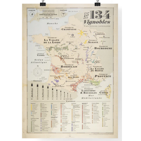 Carte murale 50x74 cm "134 vignobles de France" |Atelier Cartographik