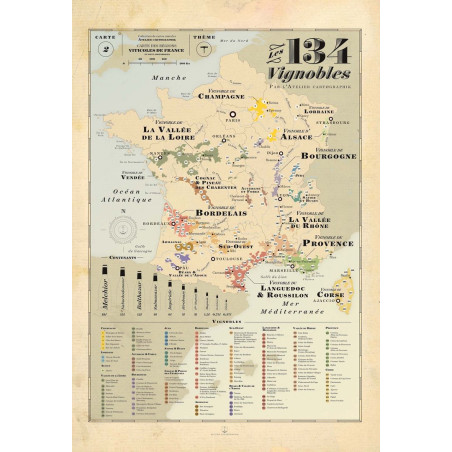 Wall map of wines 70x103 cm "134 Vineyards of France" | Atelier Cartographik