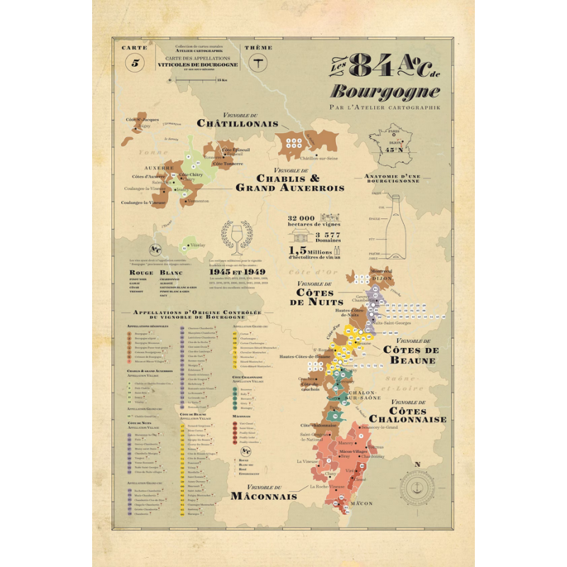 Carte des 84 AOC de Bourgogne sans porte affiche 50x74 cm | Atelier Cartographik